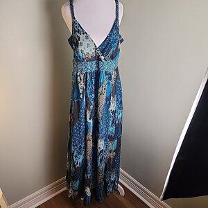 Robbie Bee Women's Boho Festival 70s Teal Maxi Dress Sleeveless Lined Size 16